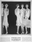 A page from the social dance issue of Elegante Welt with an illustration of women’s dance fashions that resemble the fashions in Dix’s Metropolis. The illustration takes up most of the page and has a group of three women chatting on the right, black space in the center, and a woman and man standing on the left. All of the women are wearing different white dresses with decorations on them, while the man, who is only halfway in the image, wears a suit. Below the image is German editorial text.