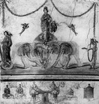 Two panels of fresco. In the upper register, Venus stands in a nautical-­themed chariot drawn by four elephants. She is accompanied by Eros at her left, two flying figures in the air, and two figures standing at left and right, who are holding cornucopiae. Below, eight figures appear in a workshop scene that depicts various stages of the fulling process. Above and around them, later painted graffiti advertise local political figures.