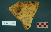 Fig 53c: Ostraka 45 inscribed on concave side only, obliquely to the throwing marks. Sherd is broken into two pieces (53a) and is heavily soiled. It is broken off at left-hand (53b) and top right-hand sides (53c). Text is uncertain.