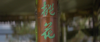 Calligraphy is carved into a vertical bamboo pillar and painted in green. Is says, "Blossom," the name of the building.