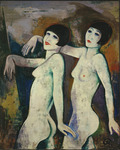 Oil painting of two revue dancers with bobbed haircuts and red lips, who smile and gesture with one arm in front of their bodies. They are completely nude and relatively bright in front of a background of dark colors. They hold their straight left arms down, just behind their torsos, and extend their right arms horizontally while flexing their right wrists downward.
