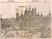A cityscape view of Nuremberg showing the main buildings such as the prominent churches and houses as well as the city wall.