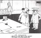 In this political cartoon, published by the news magazine Bohemia on June 6, 1937, a seemingly bored President Laredo Brú stands by a balcony at the Presidential Palace tapping his fingers, while two men converse by his desk. The first man points to a whistle lying on the desk and asks the other: “Is that the whistle Laredo uses (when he wants something).” The second man responds: “No sir, he doesn't blow any whistles.”