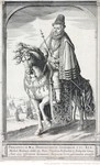 Engraving of King Philip II of Spain, full-length, with a beard and moustache, on a light-colored horse, wearing a cape, ruff, tall hat, and collar of the Order of the Golden Fleece, holding a scepter in his left hand, a sheathed sword at his side; in the background is a fleet of ships; below is an inscription in Latin.