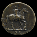 Photograph of sestertius of Domitian. Reverse: equestrian statue of Domitian.