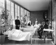 Fig. 17. Several cots line a sun-drenched porch, with White men under blankets, some peering at the camera. White attendants and a nurse surround the men in cots.