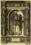 Engraving of Alphonse d’Este, duc de Ferrare, full-length, standing in a niche surrounded by ornamental columns, wearing armor and a sword at his side, his left hand pointing to the right, his right hand resting on a cane, a helmet on the ground; below is a cartouche with his name and title.