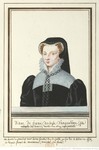 Watercolor painting of Diane de France, half-length, turned slightly to the left, wearing a black hood.