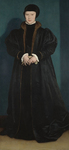 Painting of Christine of Denmark, full-length, wearing black robes lined with brown fur, as well as a black bonnet, against a teal background.