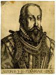 Engraving of Alphonse d’Este, duc de Ferrare, bust-length, with a moustache and beard, wearing armor decorated with inlaid designs, with a ruff and two gold chains.