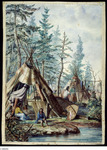 A watercolor painting of an Algonquin village.