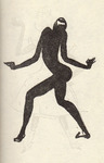 An illustration in Josephine Baker’s memoirs portraying her as a nude silhouette from the back, abstracted, and with monochromatic black color blocking. She is portrayed like a sculpture with arms splayed outward from her body, torso curved, and legs taking a long stride with knees bent.
