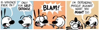 Comic strip showing two dog-like characters discussing if violence is accpetable as self-defense.