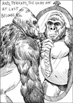 Drawing of an ape adjusting a tie in the mirror. At the top, a caption reads “And, perhaps, the hairy ape at last belongs.”}