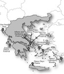 Map of Greece with pins on the places where dance festivals occur. It is notable that most festivals occur on islands and other regional areas.