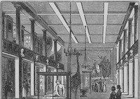 The inside of the Boston Museum in the early 1840s. Walking patrons look at framed art, statues, and a stuffed giraffe.