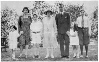 The Edsel Ford family and Clara Ford, about 1927. Left to right, William Clay Ford, Eleanor Clay Ford, Benson Ford, Clara, Edsel, Josephine, and Henry II.