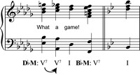 A music example representing a single modulation in “What a Game” from D♭ major to B♭ major.