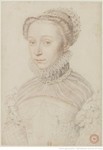 Drawing in red and black chalk of Élisabeth de France, bust-length, turned slightly to the left, with light hair worn up in a jeweled head covering, wearing a gown with a ruffled collar.