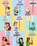 Fan Art with nine different panels (tic-tac-toe style) depicting Disney Princess characters holding signs of protest; varied pastel colors.