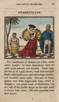An Indigenous Tahitian woman wearing a long, swaying red skirt and yellow wing-like ruffs at her shoulders, performs a dance. She is accompanied by two men, one who plays the drums, one who stands nearby in a breech cloth, turban, and dark blue shawl. Their faces and bodies are painted pale pink.