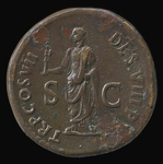 Photograph of sestertius of Domitian. Reverse: Domitian holding the Palladium.