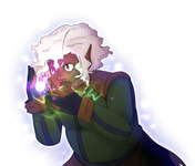 Fan Art depicting an original character for the game Dragon Age, a Black woman with white hair, with written text identifying her characteristics.