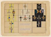 Schema for the 1926 Triadic Ballet featuring three acts with eighteen dancers and diagrams of the sequence of the performance. There are three columns of five boxes: the leftmost column features figure mockups in blue, orange, and white atop a yellow background. The center has figure mockups in the top three boxes with more pastel colors atop white background; the bottom two boxes have handwritten text. The rightmost column has mockups in more neutral colors atop a black background, and the bottom-most box is blank.