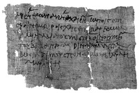 Delivery slip for wine; Oxyrhynchite?, III CE (post-212). Black and white image of a piece of papyrus with writing on it.