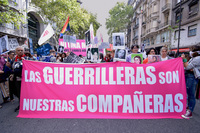 The bubble-­gum pink flag of the feminist collective Ni Una Menos proposing a community building across time, as seen during the Memory Day demonstration on March 24, 2019. Photograph by Carla Guzmán.