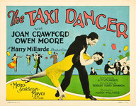 Fig. 7. Brightly colored lobby card of dancers in the background along with a four-man band, with a man and woman dancing in the foreground. He is bending her backward. She wears a bright yellow dress and white heels, and he wears a black suit. “The Taxi Dancer” is printed in large red letters at the top of the card.