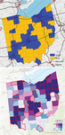 Two maps of Ohio. One map shows the distribution of urban and rural counties. The other map is bivariate, comparing incidence rates of COVID-19 from April 1 to May 31, 2020, and June 1 to July 31, 2020.