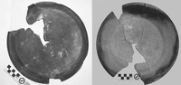 Fig. 27. On the left is the exterior view of the base of a tegame covered in black soot. Two long patches are much less sooted. On the right, we see the interior of the vessel, and soot is found around its rim but not elsewhere.