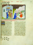 This miniature depicts the opening of Christine de Pisan’s City of Ladies. Christine appears twice—in her study with the three virtues, Reason, Rectitude, and Justice—and mixing mortar under their direction to build the city of ladies. Christine wears a blue dress and a white head-dress; the virtues wear crowns.