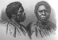 Two black and white drawings of Truganini, combined, with the drawing on the left showing her facing to the side, and the drawing on the right, showing her facing directly forward.