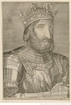 Engraving of King François I, bust-length, turned slightly to the right, wearing armor and a crown decorated with large fleurs-de-lys, grasping the hilt of a sword in his hand.