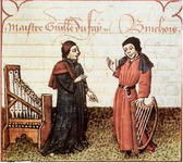 With their names written behind them in elegant cursive hand, two famous medieval musicians engage in conversation. Guillaume Dufay (left) stands next to a small, portative organ; Gilles Binchois leans his six-stringed harp against his left side (right).