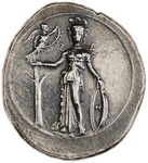 Photograph of silver stater from Aphrodisias of Cilicia. Reverse: Athena Parthenos.