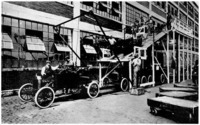 Dropping the body upon the Model T chassis, Highland Park Plant, 1914 or 1915