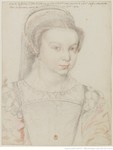 Drawing in red and black chalk of Claude de France, the daughter of Henri II, as a child, bust-length, wearing a dress and a hood.