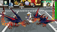 Picture of a young boy battling two large bird monsters on a city street.