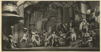 In this production photograph, carnival revelers in black half masks dance with wild abandon, the curves of their bodies consonant with the curves of the whimsical set.
