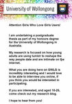 A post depicting a recruitment flyer displaying the University of Wollongong logo superimposed over rainbow colors with project information underneath.