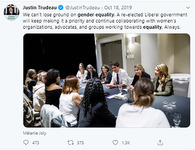 Tweet by Justin Trudeau with text and a photo of eleven women conversing with him around a table. The tweet says “We can’t lose ground on gender equality. A re-elected Liberal government will keep making it a priority and continue collaborating with women’s organizations, advocates, and groups working towards equality. Always.”