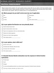 English language version of the Bosniak Identity Research Survey Questionnaire booklet generated specifically for this study with a focus on topics relating to the participants’ perceptions about their group and Bosniak identity. The 14-page booklet begins with the heading and an explanation of the purpose of the study, confidentiality protocols, and the researcher’s contact information. Each of the following pages of the questionnaire relates to different aspects of Bosnian Muslim groupness. The booklet ends with questions about the participant’s demographic information. The survey was designed to collect the maximum amount of information about the group, however, the discussion and data description provided in the book is limited only to the questions used for this inquiry. Political Consciousness page 2.