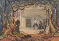 Figure 3: Painting showing the two-faced clock visible in the first tableau, confirming the continuity of time between two geographically dispersed scenes. End of second act. The vision of figure one is reversed--we see the dei Franchi house from the perspective of the duel