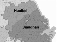 The physiographic macro-­regions of Huaibei and Jiangnan overlaid on the 1950 county map of Anhui, Jiangsu, and northern Zhejiang.