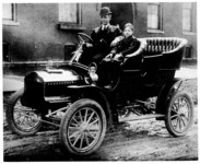 Henry and Edsel Ford in the Model F in front of 332 Hendrie Avenue, then the Ford residence, 1905