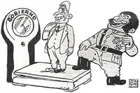 This jibe was first published in the newspaper Avance and then republished by Bohemia on June 5, 1938. A self-satisfied President Brú (whose nickname was Fico) stands on a scale labeled gobierno (government) and wonders “how can there still be those who doubt that I carry weight in this government.” Unbeknown to the president, an apelike Batista is pressing his foot down on the scale, clearly reflecting the cartoonist's view of who was in charge of the Cuban government.