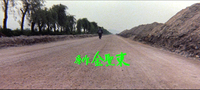 A road has green calligraphy is superimposed over it.